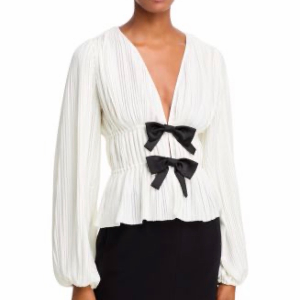 Wayf Ciana Pleated Top Sz S Bows Ivory Shirt Blouse Balletcore Plisse